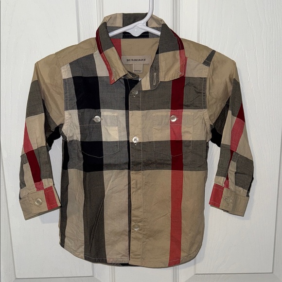 Burberry Kids Checkered Shirt in Red, Black, and Tan Button Down Shirts